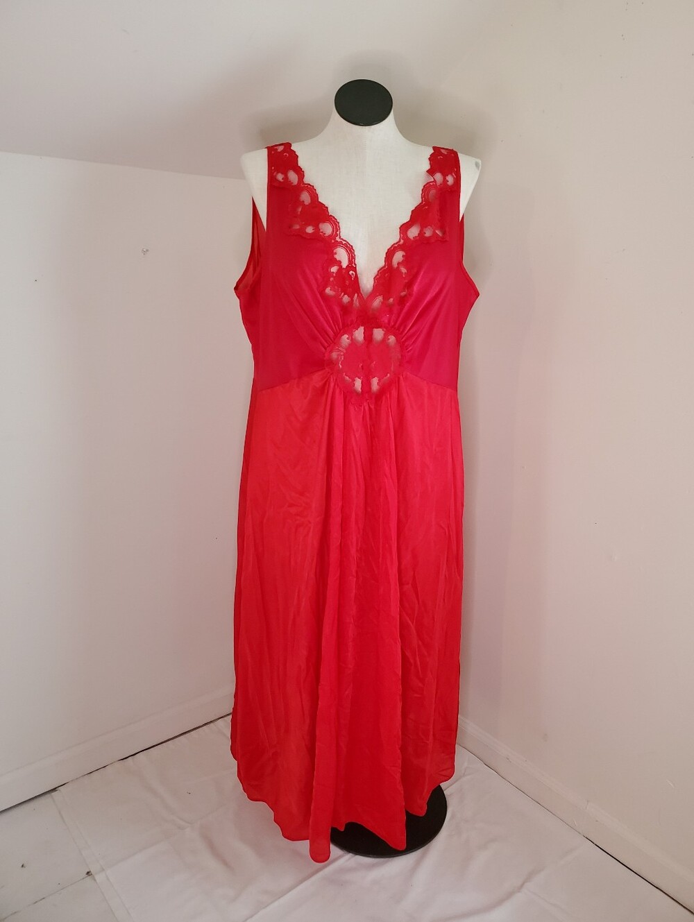 Vintage Red Nylon Nighgown Deep V Lace Neckline Size 4X